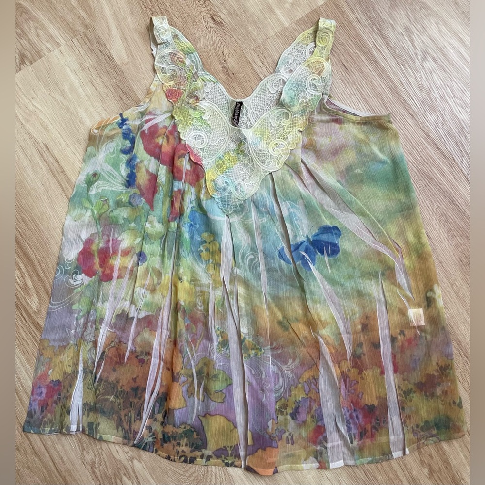 Vintage Y2K floral butterfly fairy top sleeveless lace large Mushka Sienna Rose